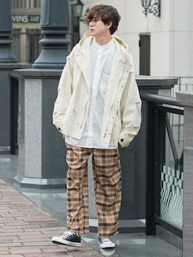 「UP START（アップスタート）のアイテム（モッズコート）」を使った、upstart077さん（メンズ・180cm）の春コーディネート