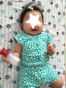 「アイテム（ロンパース、グリーン系）」を使った、じゃすみんさん（キッズ・60cm）の夏コーディネート