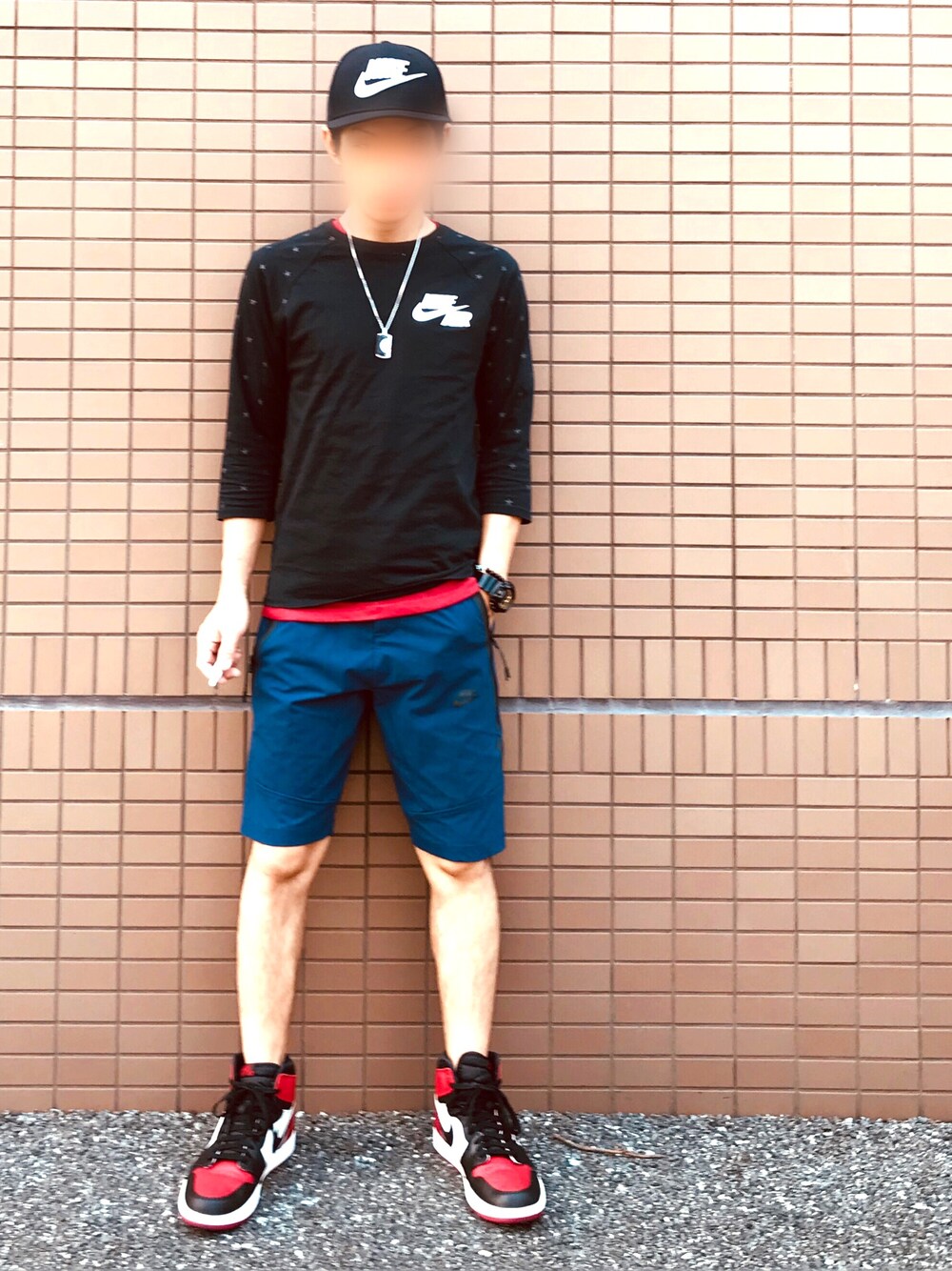 「夏コーデ、jordan1、Jordan、NIKE、ショートパンツ、streetstyle、キャップ、スニーカー、カジュアルコーデ、おしゃれさんと繋がりたい」｜「NIKEのアイテム（Tシャツ/カットソー、ブラック系）」を使った、yuichi1018さん（メンズ・169cm）の夏コーディネートの1枚目の写真