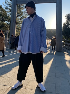 「Yohji Yamamoto（ヨウジヤマモト）のアイテム（ニットキャップ/ビーニー）」を使った、OZL10さん（メンズ・175cm）の冬コーディネート