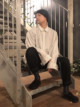 「Yohji Yamamoto（ヨウジヤマモト）のアイテム（ニットキャップ/ビーニー）」を使った、OZL10さん（メンズ・175cm）の春コーディネート