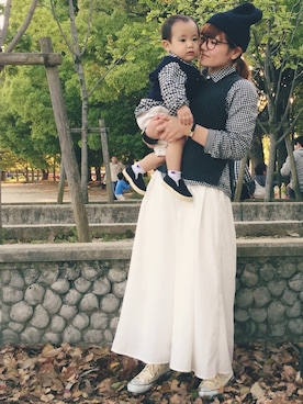 「H&M（エイチ・アンド・エム）のアイテム（ベスト）」を使った、子持ちししゃも🐟さん（キッズ・80cm）の春コーディネート