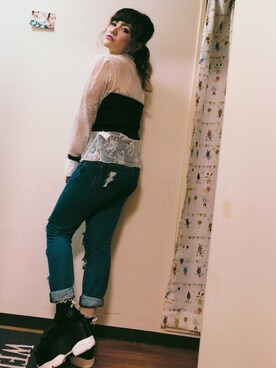 「SPINNS（スピンズ）のアイテム（チューブトップ）」を使った、子持ちししゃも🐟さん（レディース・150cm）の春コーディネート