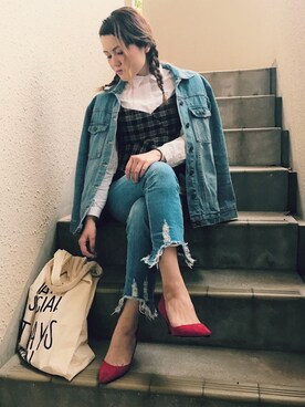 「ぺプラム」｜「アイテム（デニムジャケット）」を使った、子持ちししゃも🐟さん（レディース・148cm）の春コーディネート