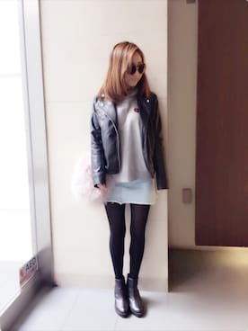 「お買い物」｜「アイテム（ライダースジャケット）」を使った、さーちゃんさん（レディース・153cm）の春コーディネート
