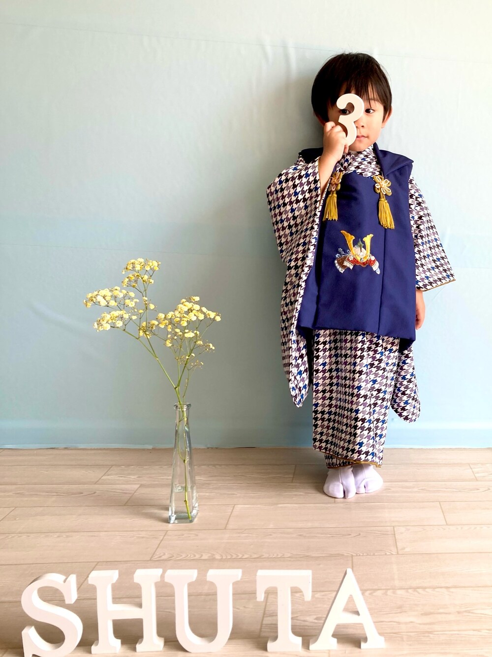 「七五三」｜「楽天のアイテム（着物、ブルー系）」を使った、Shuta.さん（キッズ・90cm）の冬コーディネートの1枚目の写真
