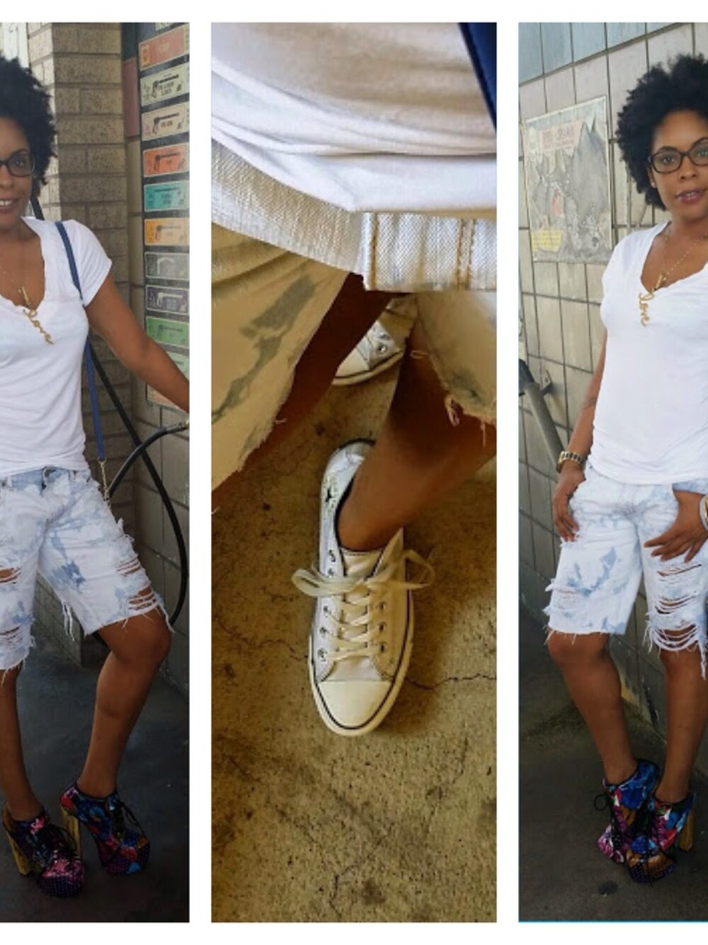 「Abercrombie & fitch、bdonna、converse、heels、mossimo、necklace、shorts、sneakers、Sydney Evan、T-SHIRT」｜M. Goldan Browneさん（レディース）の夏コーディネートの1枚目の写真