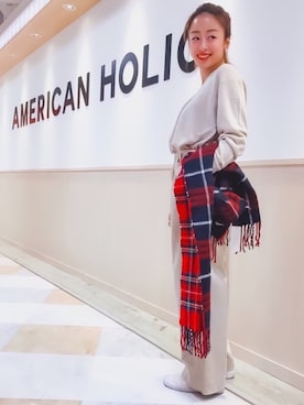 「AMERICAN HOLIC（アメリカンホリック）のボタンループタックコーデュロイパンツ（その他パンツ、ベージュ系）」を使った、oooyucoooさん（レディース・156cm）の秋コーディネート