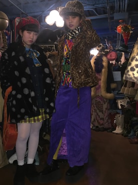 「柄×柄」｜「アイテム（ライダースジャケット）」を使った、アーチャンさん（レディース・160cm）の冬コーディネート