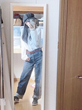 「JEANASIS（ジーナシス）のスクエアバックルレザーベルト/765593（ベルト）」を使った、くろねこさん（レディース・162cm）の春コーディネート