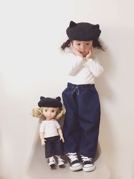 「猫耳ベレー帽」｜RIOさん（キッズ・90cm）の冬コーディネート