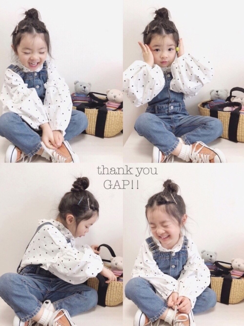 「ドット、サロペット、お団子ヘアー、コンバース、脱色コンバース、ootd、gaplove、CONVERSE FESTIVAL 2018」｜「韓国子供服のアイテム（シャツ/ブラウス、ホワイト系）」を使った、RIOさん（キッズ・90cm）の冬コーディネートの1枚目の写真
