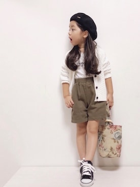 「ケーブルカーディガン」｜「アイテム（ハンチング/ベレー帽）」を使った、RIOさん（キッズ・100cm）の秋コーディネート