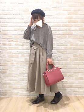 「グレンチェック」｜「アイテム（ハンチング/ベレー帽）」を使った、にぴやまさん（レディース・153cm）の秋コーディネート