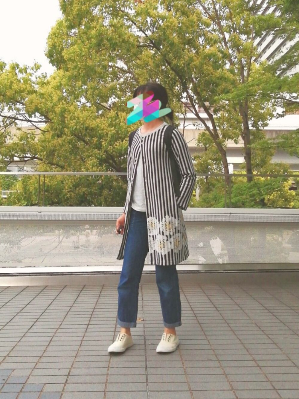 「オトナカジュアル、ストライプ、今日のコーデ、デニム、パンツスタイル」｜「Design Tshirts Store graniphのアイテム（ワンピース、その他）」を使った、めほんさん（レディース・161cm）の春コーディネートの1枚目の写真