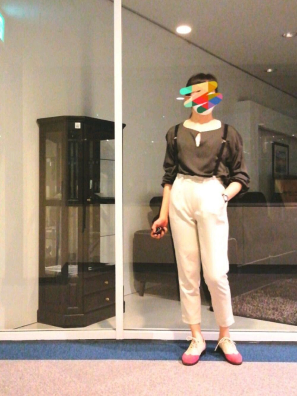 「シンプルコーデ、オトナカジュアル、今日のコーデ、サスペンダー、ウィングチップシューズ、オトナ女子」｜「LOWRYS FARMのアイテム（パンツ、ベージュ系）」を使った、めほんさん（レディース・161cm）の夏コーディネートの1枚目の写真