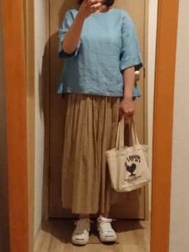 「HOLLYWOOD RANCH MARKET（ハリウッドランチマーケット）のアイテム（トートバッグ）」を使った、mochaさん（レディース・155cm）の夏コーディネート