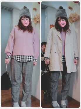 「柄×柄」｜「アイテム（ニットキャップ/ビーニー）」を使った、maimaiko☺さん（レディース・163cm）の冬コーディネート