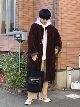 「アイテム（ステンカラーコート）」を使った、がーさん（メンズ・177cm・20代）の冬コーディネート