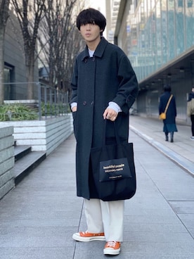 「アイテム（ステンカラーコート）」を使った、がーさん（メンズ・177cm・20代）の冬コーディネート