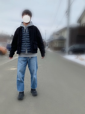 「アイテム（ダウンジャケット/コート、ブルー系）」を使った、#MORI#さん（メンズ・176cm）の冬コーディネート