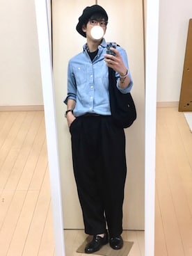 「ワイドスラックス」｜「アイテム（ハンチング/ベレー帽）」を使った、sgtさん（メンズ・168cm）の春コーディネート
