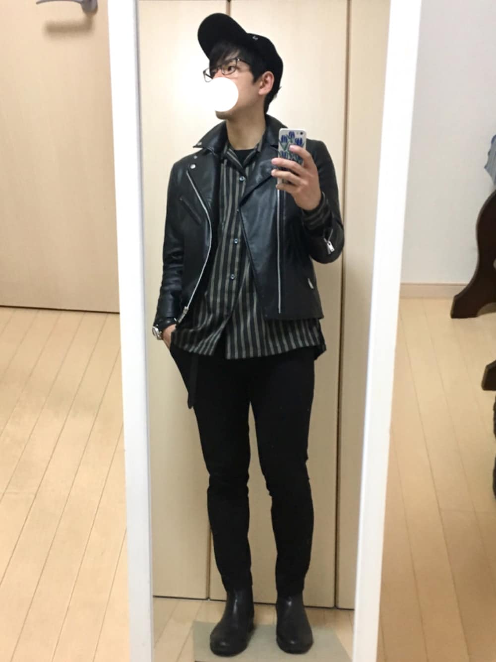 「コーデュロイキャップ、ダブルライダース、ライダース、ネオレザー、レザージャケット、ストライプシャツ、オープンカラーシャツ、サイドゴアブーツ、秋のコーデ」｜「ZIP FIVEのT/Cブロード長袖オープンカラーシャツ（シャツ/ブラウス、ブラック系）」を使った、sgtさん（メンズ・168cm）の秋コーディネートの1枚目の写真