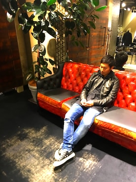 「DIESEL BLACK GOLD（ディーゼル ブラック ゴールド）のアイテム（ライダースジャケット、ブラック系）」を使った、UENTSUさん（メンズ・170cm）の夏コーディネート