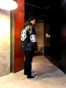 「DIESEL BLACK GOLD（ディーゼル ブラック ゴールド）のアイテム（ライダースジャケット、ブラック系）」を使った、UENTSUさん（メンズ・170cm）の冬コーディネート