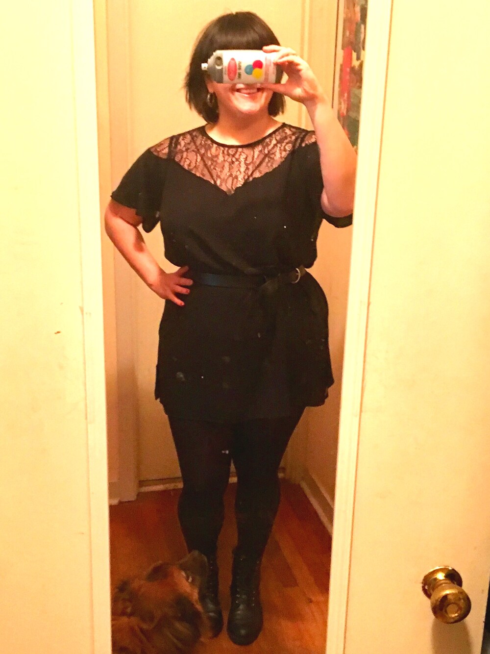 「black、lace、ALL BLACK、combat boots、working style、ootd、plussize、curvy、mini dress、black on black」｜「simply beのアイテム（ワンピース/ドレス、ブラック系）」を使った、sugarbonezさん（レディース・168cm）の秋コーディネートの1枚目の写真