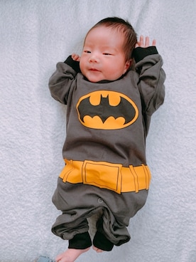 「アイテム（ロンパース、ブラック系）」を使った、ちびたこすけさん（キッズ・50cm）の秋コーディネート