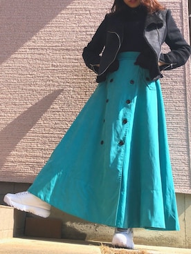 「トレンチスカート」｜「アイテム（ライダースジャケット）」を使った、M♡さん（レディース・156cm）の春コーディネート