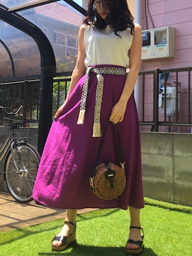 「OZOC（オゾック）のアイテム（かごバッグ）」を使った、M♡さん（レディース・156cm）の夏コーディネート