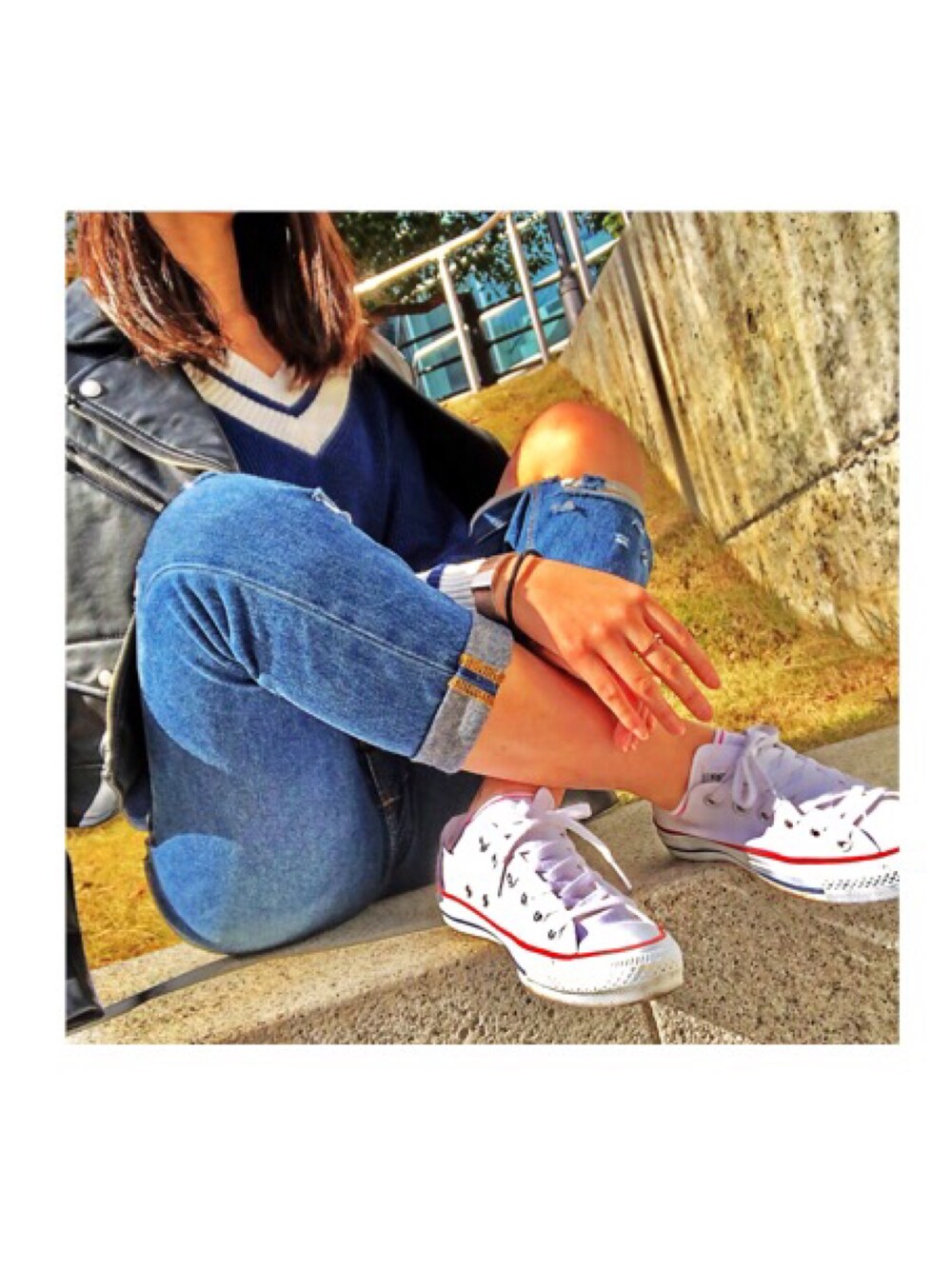「fashion、SURF、surffashion、surfgirl、converse、INGNI、THEEMPORIUM、ridersjacket、cool」｜「INGNIのアイテム（ライダースジャケット、ブラック系）」を使った、rinoさん（レディース・162cm）の秋コーディネートの1枚目の写真