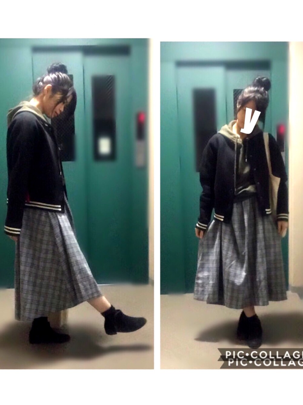 「グレンチェック、スカート、カーキ、パーカー、スタジャン、プチプラ」｜「w closetのアイテム（スカート、グレー系）」を使った、ちーさん（レディース・154cm）の秋コーディネートの1枚目の写真