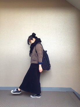 「マキシスカート」｜「アイテム（MA-1）」を使った、ちーさん（レディース・154cm）の冬コーディネート