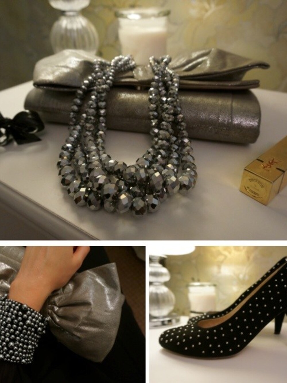 「beaded、heels、lipstick、makeup、metallic、necklace、statement、studded、YVES SAINT LAURENT」｜Lauren Sladeさん（レディース）の冬コーディネートの1枚目の写真