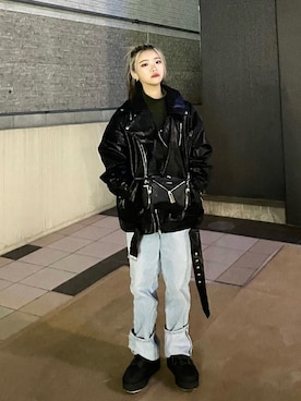 「韓国」｜「アイテム（ライダースジャケット）」を使った、yghwxxさん（レディース・163cm）の秋コーディネート