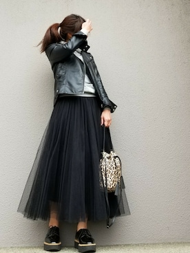 「アイテム（ライダースジャケット）」を使った、may_shionさん（レディース・155cm）の冬コーディネート