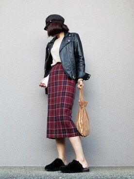 「UNIQLO（ユニクロ）のスーピマコットンリブクルーネックT（半袖）（Tシャツ/カットソー）」を使った、may_shionさん（レディース・155cm）の秋コーディネート