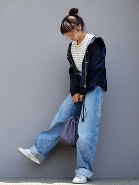 「UNIQLO（ユニクロ）のハイライズワイドストレートジーンズ（デニムパンツ）」を使った、may_shionさん（レディース・155cm）の春コーディネート