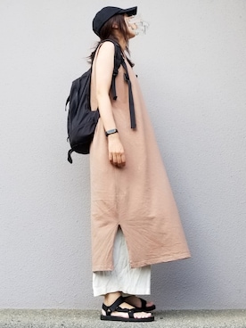 「黒リュック」｜「アイテム（ワンピース/ドレス）」を使った、may_shionさん（レディース・155cm）の夏コーディネート