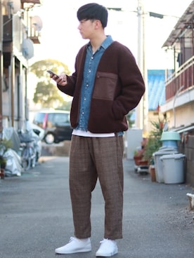 「UNIQLO（ユニクロ）のフリースカーディガン（長袖）（その他アウター）」を使った、えがさん（メンズ・183cm）の冬コーディネート