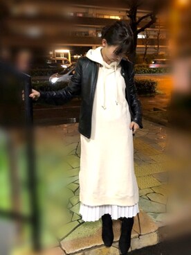 「新作」｜「アイテム（ライダースジャケット）」を使った、minさん（レディース・153cm）の冬コーディネート