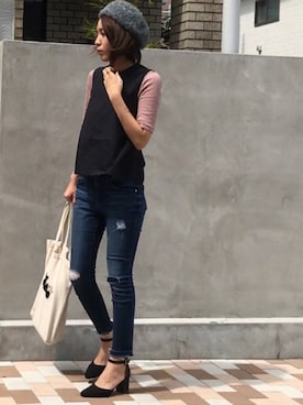 「リブT」｜「アイテム（つなぎ/オールインワン）」を使った、Ayaka さん（レディース・160cm）の秋コーディネート