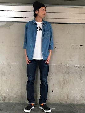 「仙台」｜「アイテム（スリッポン）」を使った、クマガイさん（メンズ・172cm）の夏コーディネート
