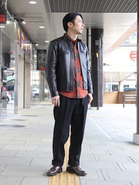 「仙台」｜「アイテム（ライダースジャケット）」を使った、クマガイさん（メンズ・172cm）の冬コーディネート