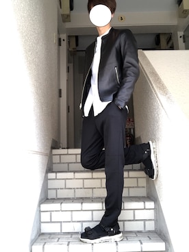 「ノーカラーシャツ」｜「アイテム（ライダースジャケット）」を使った、ともきさん（メンズ・171cm）の冬コーディネート