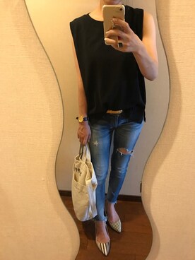 「Ungrid（アングリッド）のフレイドヘムストスリ（デニムパンツ）」を使った、takachaさん（レディース・153cm）の夏コーディネート