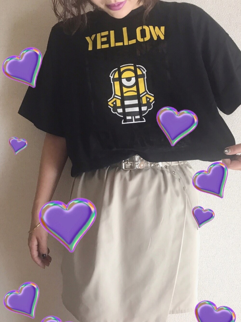 「今日のコーデ、イーハイフンワールドギャラリー(E hyphen world gallery)、ミニオン、USJ、USJコーデ、キャラT、休日コーデ、Tシャツ、夏コーデ、カジュアル」｜「E hyphen world galleryのミニオンズTシャツ（トップス、ブラック系）」を使った、nさん（レディース・160cm）の夏コーディネートの1枚目の写真